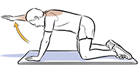 Man on all fours with right arm lifted up doing reach and hold exercise.